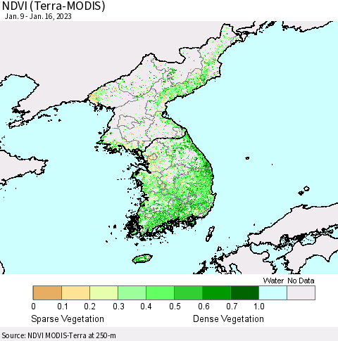 Korea NDVI (Terra-MODIS) Thematic Map For 1/9/2023 - 1/16/2023