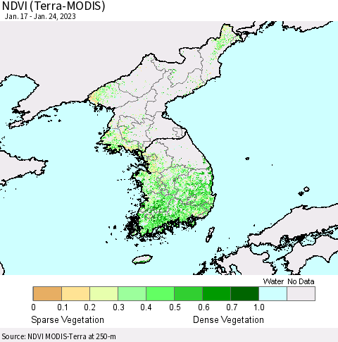 Korea NDVI (Terra-MODIS) Thematic Map For 1/17/2023 - 1/24/2023
