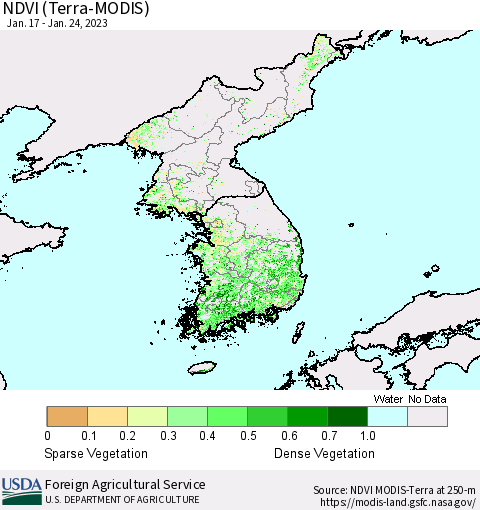 Korea NDVI (Terra-MODIS) Thematic Map For 1/21/2023 - 1/31/2023