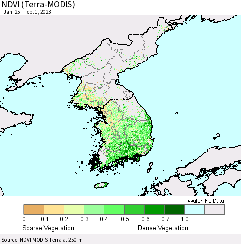 Korea NDVI (Terra-MODIS) Thematic Map For 1/25/2023 - 2/1/2023