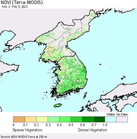 Korea NDVI (Terra-MODIS) Thematic Map For 2/2/2023 - 2/9/2023