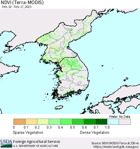 Korea NDVI (Terra-MODIS) Thematic Map For 2/11/2023 - 2/20/2023
