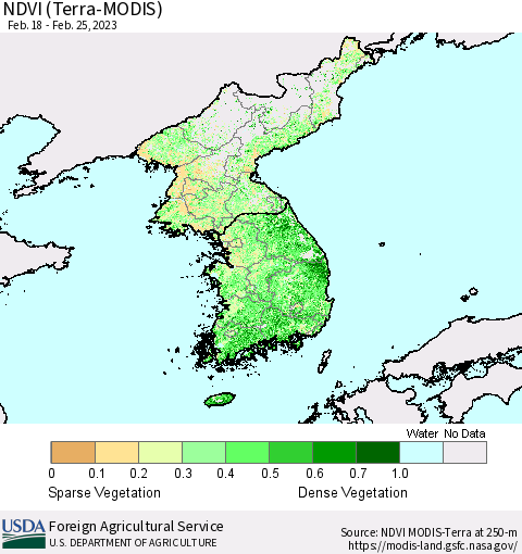Korea NDVI (Terra-MODIS) Thematic Map For 2/21/2023 - 2/28/2023