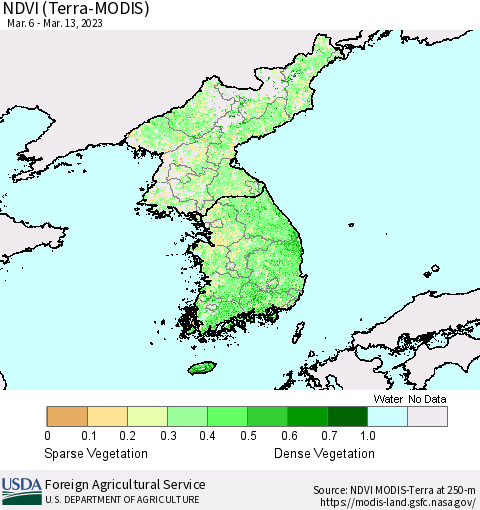 Korea NDVI (Terra-MODIS) Thematic Map For 3/11/2023 - 3/20/2023