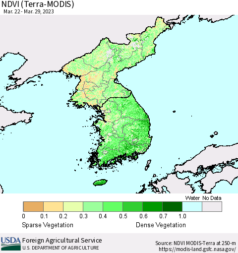 Korea NDVI (Terra-MODIS) Thematic Map For 3/21/2023 - 3/31/2023