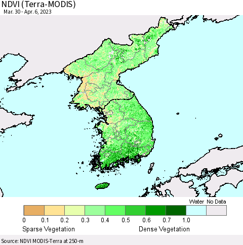 Korea NDVI (Terra-MODIS) Thematic Map For 3/30/2023 - 4/6/2023