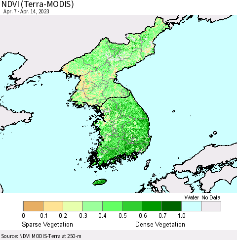 Korea NDVI (Terra-MODIS) Thematic Map For 4/7/2023 - 4/14/2023