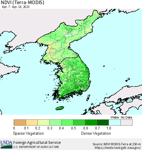 Korea NDVI (Terra-MODIS) Thematic Map For 4/11/2023 - 4/20/2023