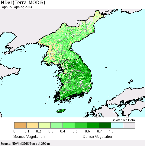 Korea NDVI (Terra-MODIS) Thematic Map For 4/15/2023 - 4/22/2023