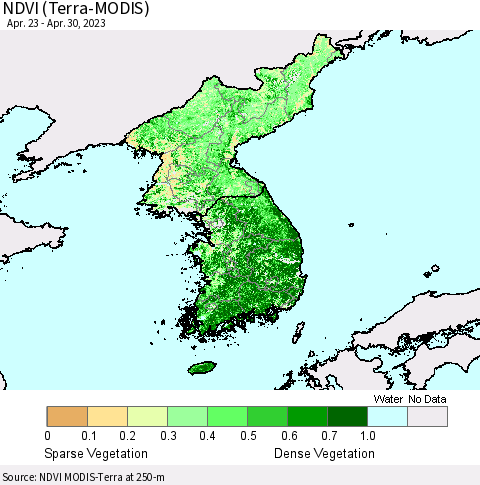 Korea NDVI (Terra-MODIS) Thematic Map For 4/21/2023 - 4/30/2023