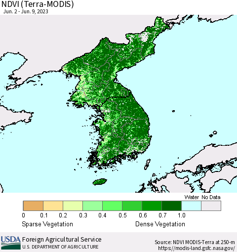 Korea NDVI (Terra-MODIS) Thematic Map For 6/1/2023 - 6/10/2023