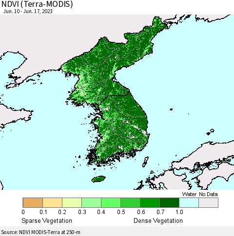 Korea NDVI (Terra-MODIS) Thematic Map For 6/10/2023 - 6/17/2023