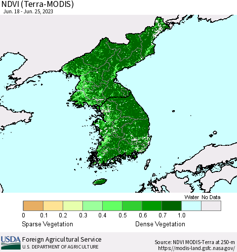 Korea NDVI (Terra-MODIS) Thematic Map For 6/21/2023 - 6/30/2023