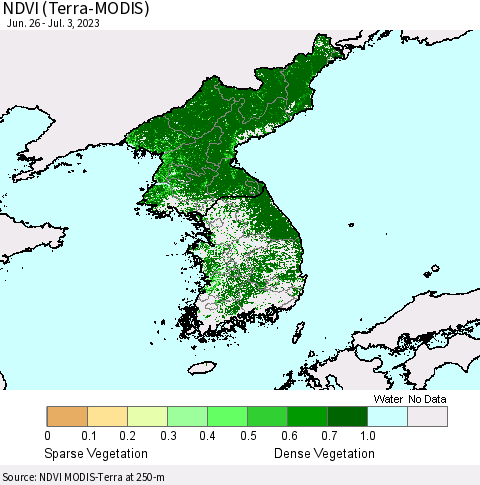 Korea NDVI (Terra-MODIS) Thematic Map For 6/26/2023 - 7/3/2023