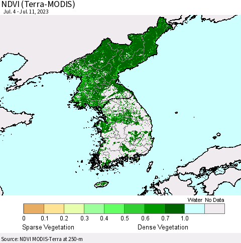 Korea NDVI (Terra-MODIS) Thematic Map For 7/4/2023 - 7/11/2023