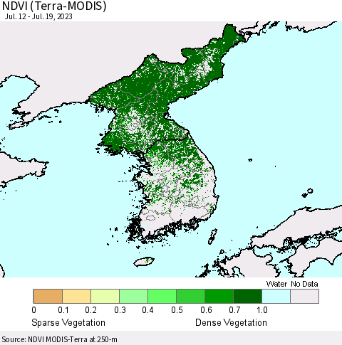 Korea NDVI (Terra-MODIS) Thematic Map For 7/12/2023 - 7/19/2023