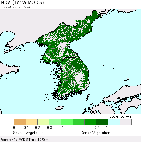 Korea NDVI (Terra-MODIS) Thematic Map For 7/20/2023 - 7/27/2023