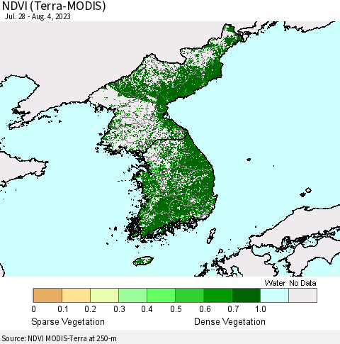 Korea NDVI (Terra-MODIS) Thematic Map For 7/28/2023 - 8/4/2023