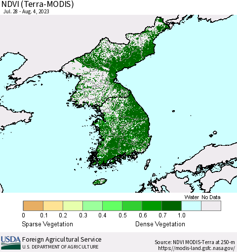 Korea NDVI (Terra-MODIS) Thematic Map For 8/1/2023 - 8/10/2023