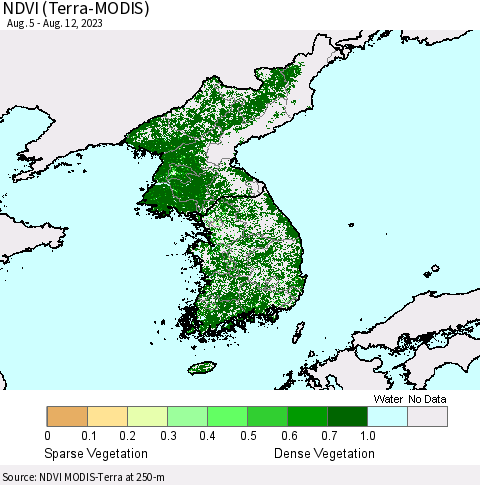 Korea NDVI (Terra-MODIS) Thematic Map For 8/5/2023 - 8/12/2023