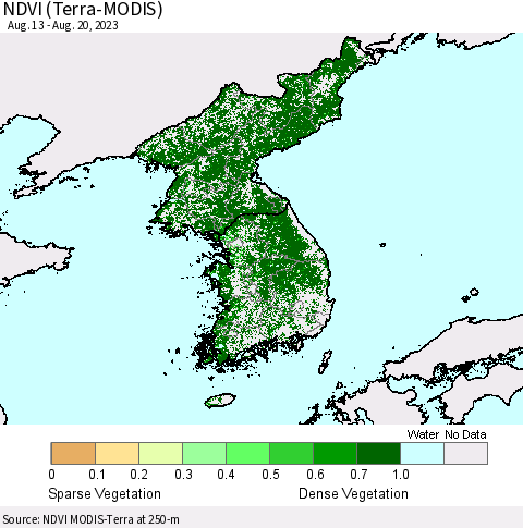 Korea NDVI (Terra-MODIS) Thematic Map For 8/11/2023 - 8/20/2023