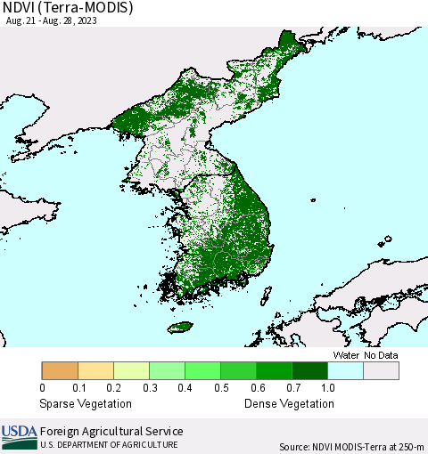 Korea NDVI (Terra-MODIS) Thematic Map For 8/21/2023 - 8/31/2023