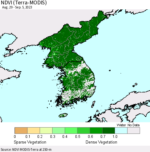 Korea NDVI (Terra-MODIS) Thematic Map For 8/29/2023 - 9/5/2023