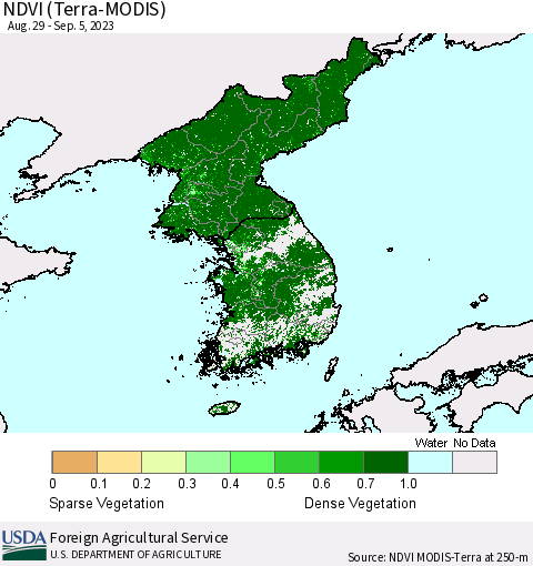 Korea NDVI (Terra-MODIS) Thematic Map For 9/1/2023 - 9/10/2023