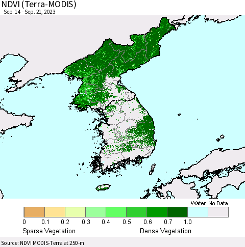 Korea NDVI (Terra-MODIS) Thematic Map For 9/14/2023 - 9/21/2023