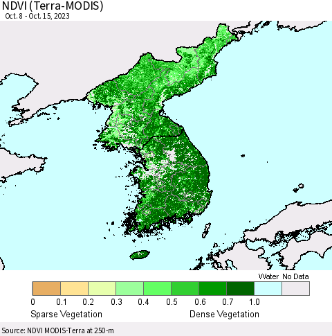 Korea NDVI (Terra-MODIS) Thematic Map For 10/8/2023 - 10/15/2023