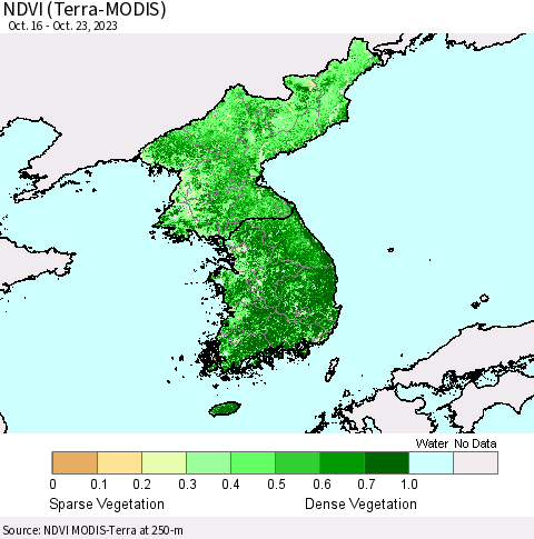 Korea NDVI (Terra-MODIS) Thematic Map For 10/16/2023 - 10/23/2023