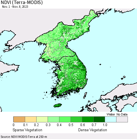 Korea NDVI (Terra-MODIS) Thematic Map For 11/1/2023 - 11/8/2023