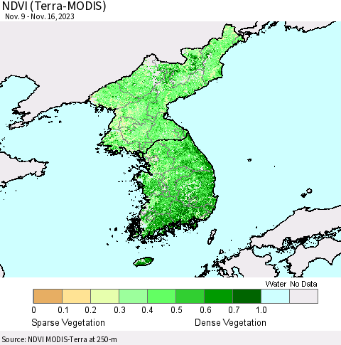 Korea NDVI (Terra-MODIS) Thematic Map For 11/9/2023 - 11/16/2023