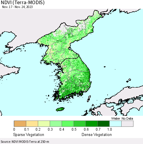 Korea NDVI (Terra-MODIS) Thematic Map For 11/17/2023 - 11/24/2023