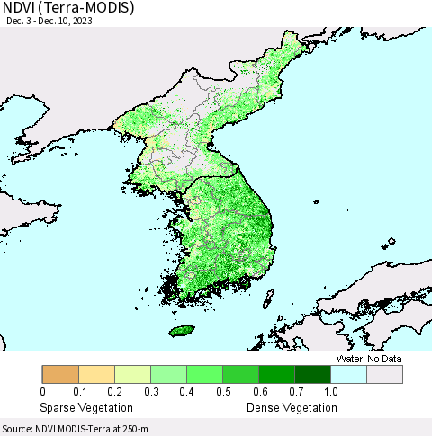 Korea NDVI (Terra-MODIS) Thematic Map For 12/3/2023 - 12/10/2023
