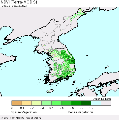 Korea NDVI (Terra-MODIS) Thematic Map For 12/11/2023 - 12/18/2023