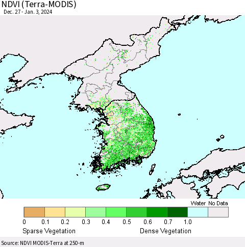 Korea NDVI (Terra-MODIS) Thematic Map For 12/27/2023 - 1/3/2024