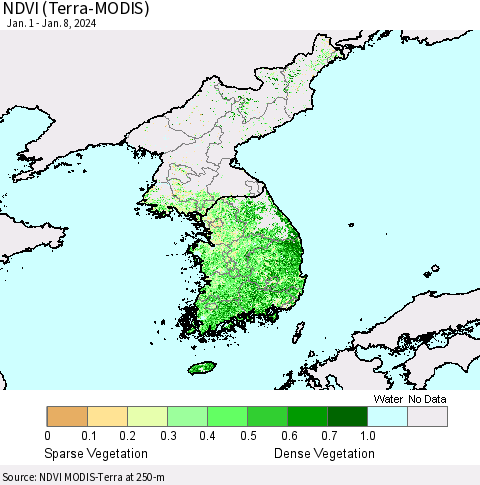 Korea NDVI (Terra-MODIS) Thematic Map For 1/1/2024 - 1/8/2024