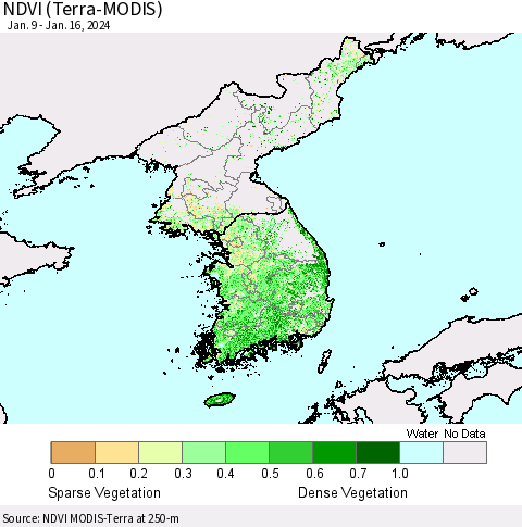 Korea NDVI (Terra-MODIS) Thematic Map For 1/9/2024 - 1/16/2024