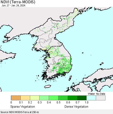 Korea NDVI (Terra-MODIS) Thematic Map For 1/17/2024 - 1/24/2024