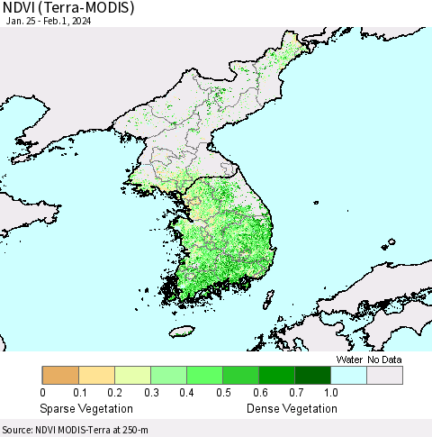 Korea NDVI (Terra-MODIS) Thematic Map For 1/25/2024 - 2/1/2024