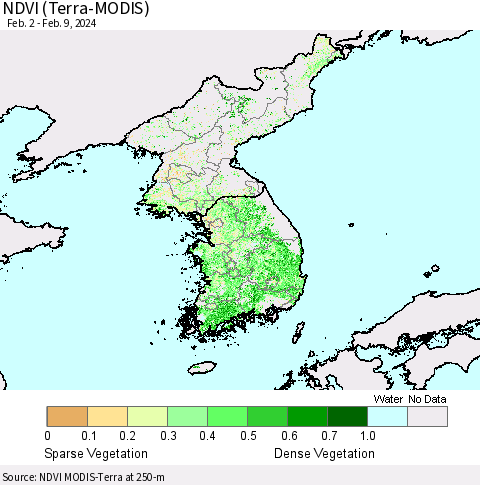 Korea NDVI (Terra-MODIS) Thematic Map For 2/2/2024 - 2/9/2024