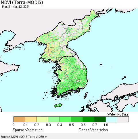 Korea NDVI (Terra-MODIS) Thematic Map For 3/5/2024 - 3/12/2024
