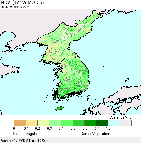 Korea NDVI (Terra-MODIS) Thematic Map For 3/29/2024 - 4/5/2024