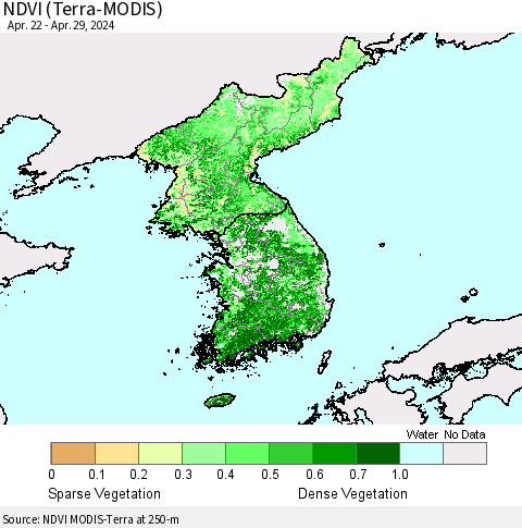 Korea NDVI (Terra-MODIS) Thematic Map For 4/22/2024 - 4/29/2024