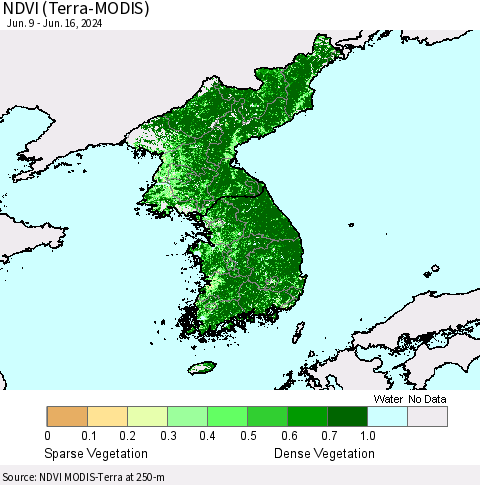 Korea NDVI (Terra-MODIS) Thematic Map For 6/9/2024 - 6/16/2024
