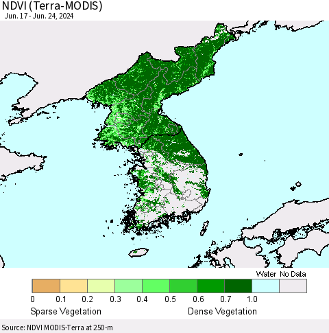 Korea NDVI (Terra-MODIS) Thematic Map For 6/17/2024 - 6/24/2024