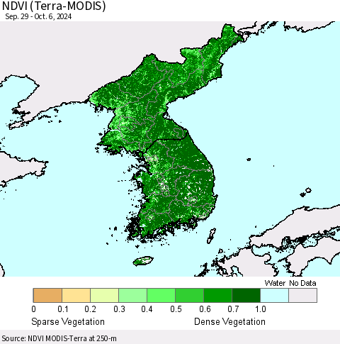 Korea NDVI (Terra-MODIS) Thematic Map For 9/29/2024 - 10/6/2024