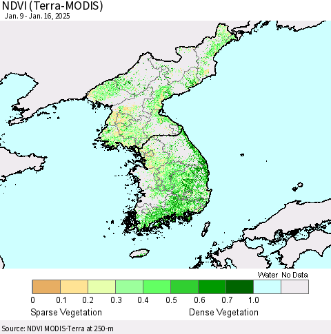 Korea NDVI (Terra-MODIS) Thematic Map For 1/9/2025 - 1/16/2025
