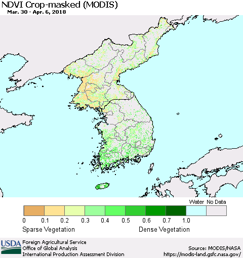 Korea Cropland NDVI (Terra-MODIS) Thematic Map For 4/1/2018 - 4/10/2018